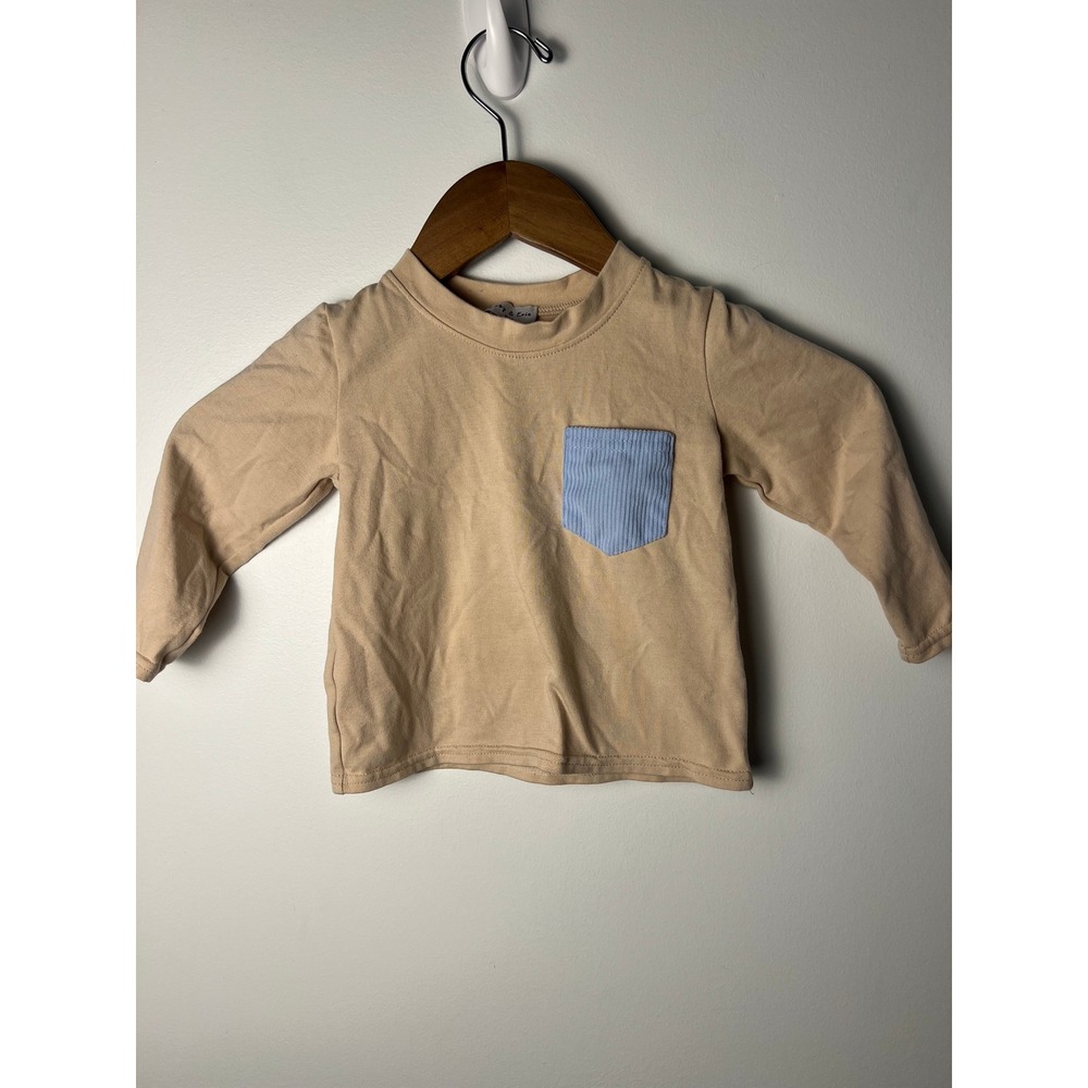 Abby & Evie Long Sleeve Kid 12M Tan Blue Corduroy Pocket Shirt Modern Colorblock